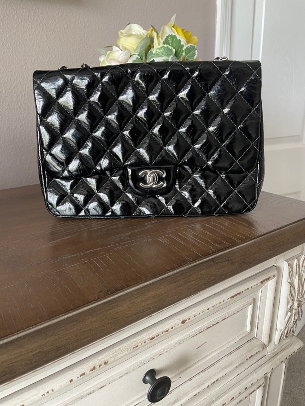 CHANEL Black Quilted Patent Shoulder Bag with Chain Strap